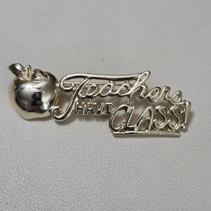 Vintage AJC Signed Gold Tone Teachers Have Class  Apple Theme Brooch‎ Pin AS IS
